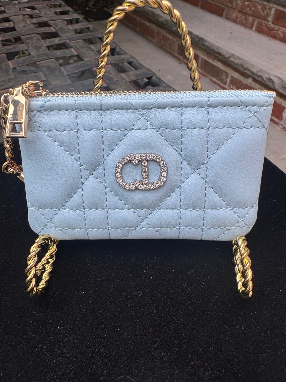 Light Blue Quilted card holder with Crystal Accent